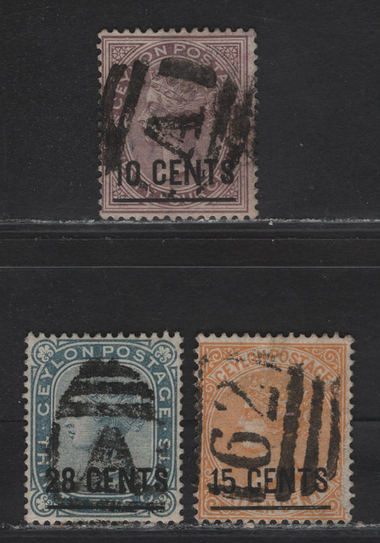 Lot 209 Ceylon (C) SG#188-190 10c on 24c - 28c - 32c Brown - Slate Queen Victoria, 1885 Surcharges, 3 Fine/Very Fine Used Singles Crown CA Wmk, ,