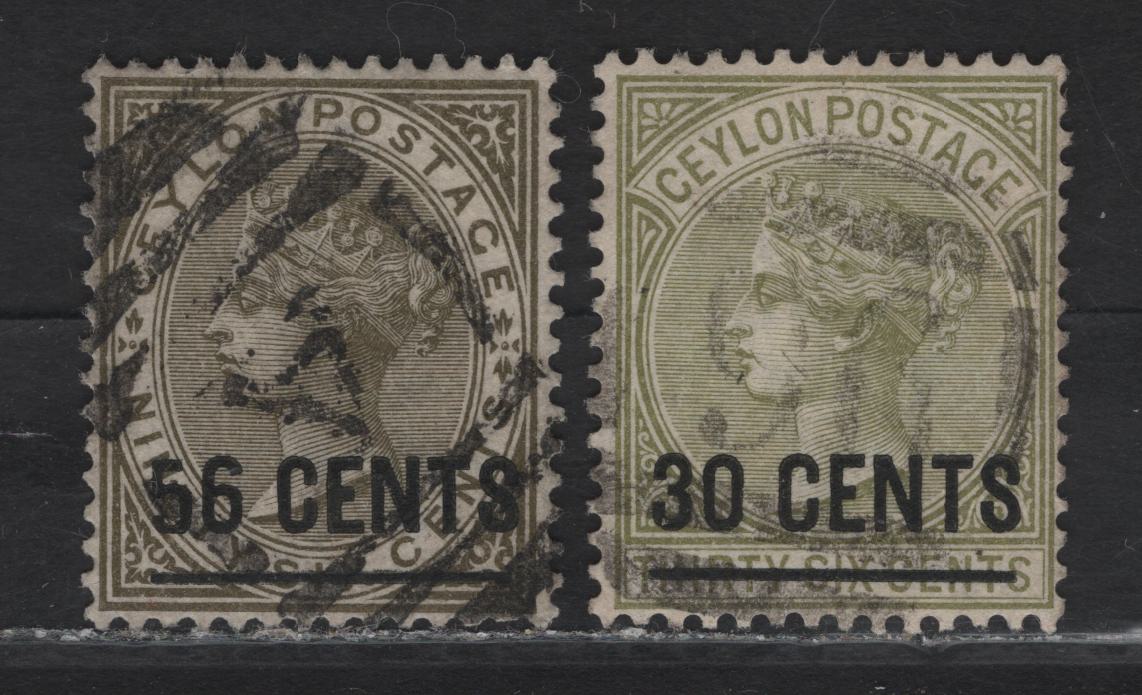 Lot 210 Ceylon (C) SG#191-192 30c on 36c - 56c on 96c Olive Green - Drab Queen Victoria, 1885 Surcharges, 2 Fine/Very Fine Used Singles Crown CA Wmk, ,