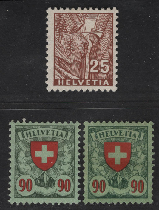 Lot 21 Switzerland SC#200, 224 90c - 25c Dark Green & Scarlet - Brown Arms - Pictorial, 1924-1934 Arms - Pictorial Keyplates Issues, 3 F/VFOG Singles, Arms On Granite Paper