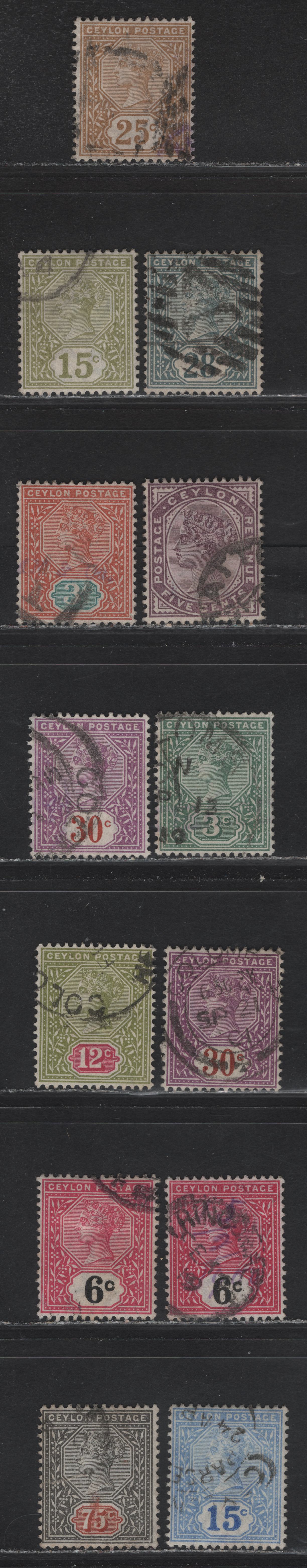 Lot 211 Ceylon (C) SG#195-196, 198-199, 245, 247-a, 257, 259-262 5c - 75c Dull Purple - Black & Red Brown Queen Victoria, 1886-1900 Queen Victoria Keyplates Issue, 13 Fine/Very Fine Used Singles