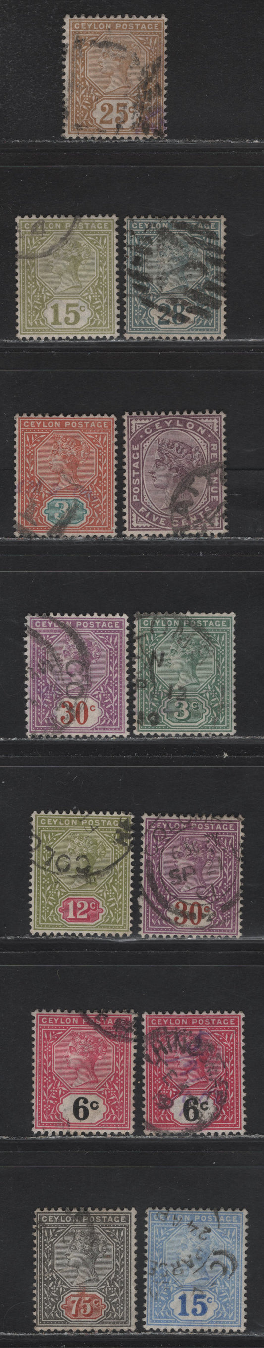 Lot 211 Ceylon (C) SG#195-196, 198-199, 245, 247-a, 257, 259-262 5c - 75c Dull Purple - Black & Red Brown Queen Victoria, 1886-1900 Queen Victoria Keyplates Issue, 13 Fine/Very Fine Used Singles