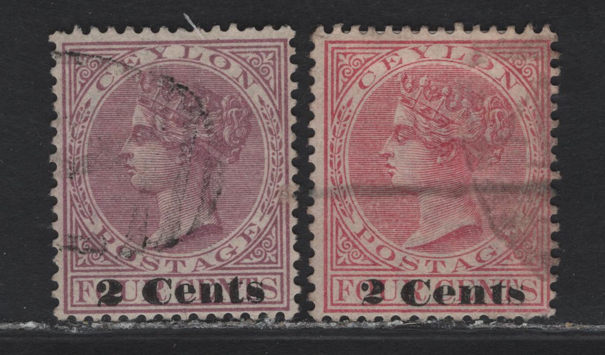 Lot 215 Ceylon (C) SG#210-211 2c on 4c Rosy Mauve - Rose Queen Victoria, 1880-1890 Surcharged Issue, 2 Fine Used Singles