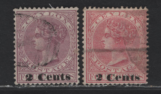 Lot 215 Ceylon (C) SG#210-211 2c on 4c Rosy Mauve - Rose Queen Victoria, 1880-1890 Surcharged Issue, 2 Fine Used Singles
