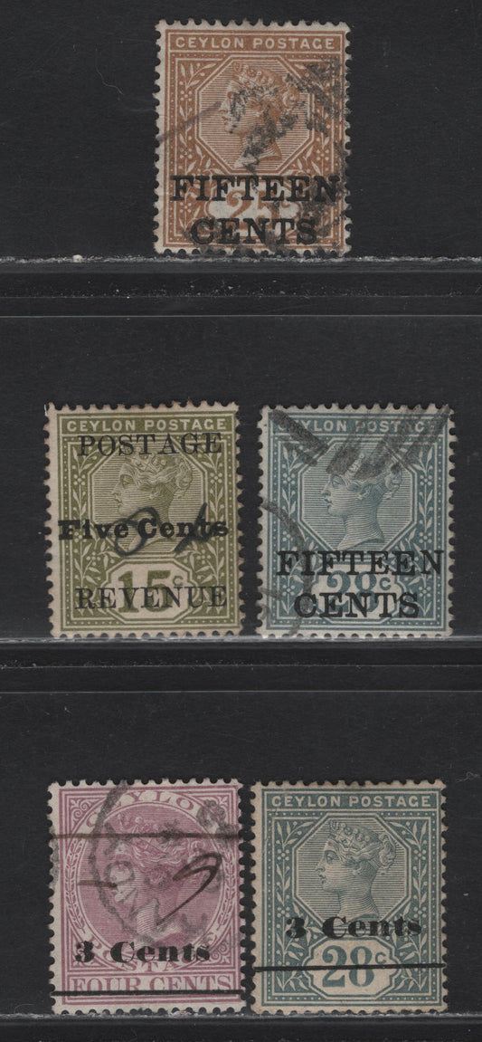 Lot 216 Ceylon (C) SG#233, 239-241, 243 5c - 3c on 28c Olive Gren - Slate Queen Victoria, 1890-1892 Surcharged Issue, 5 FOG & Fine/Very Fine Used Singles