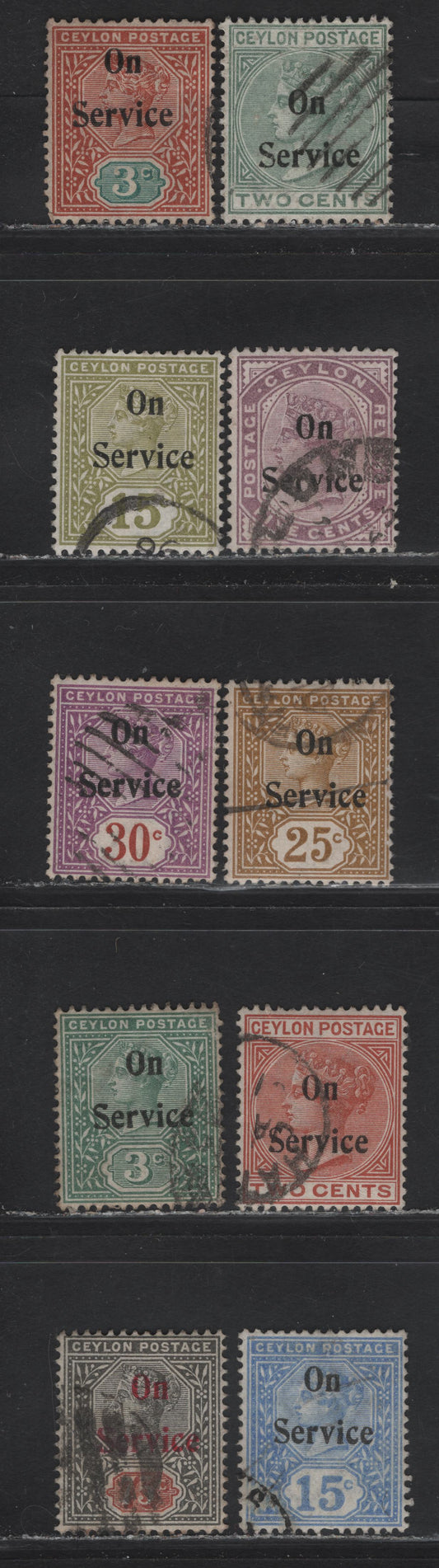 Lot 219 Ceylon (C) SG#O11-O16, O18, O21 2c - 75c Green - Black & Red Brown Queen Victoria, 1895-1900 Service Overprinted Issue, 10 Fine/Very Fine Used Singles