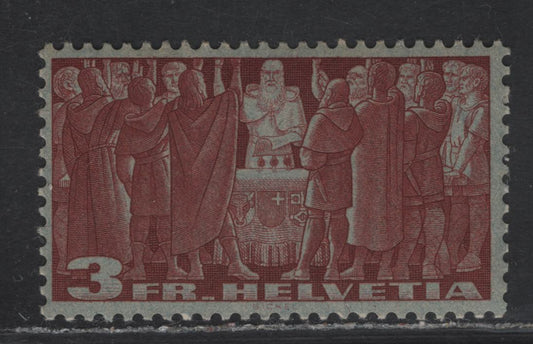 Lot 22 Switzerland SC#244 3fr Brown Carmine on Greenish Symbolic Designs, 1938 Symbolic Designs Issue, A VFOG Single
