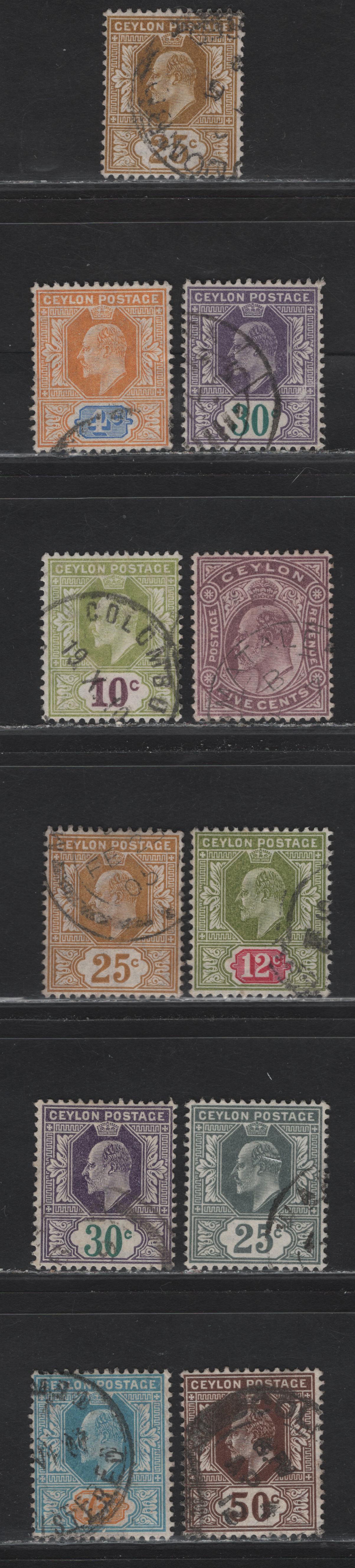Lot 221 Ceylon (C) SG#272-273, 279-280, 282, 284-286, 294-296 25c - 75c Bistre - Dull Blue & Orange King Edward VII, 1903-1911 King Edward VII Keyplate Issue, 11 Fine/Very Fine Used Singles, Multiple Crown CA & Crown CA Wmks