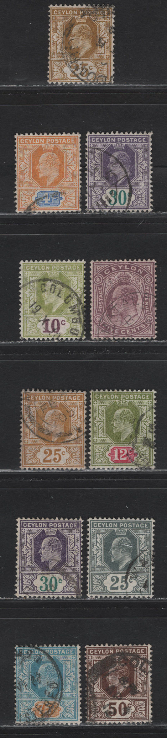 Lot 221 Ceylon (C) SG#272-273, 279-280, 282, 284-286, 294-296 25c - 75c Bistre - Dull Blue & Orange King Edward VII, 1903-1911 King Edward VII Keyplate Issue, 11 Fine/Very Fine Used Singles, Multiple Crown CA & Crown CA Wmks
