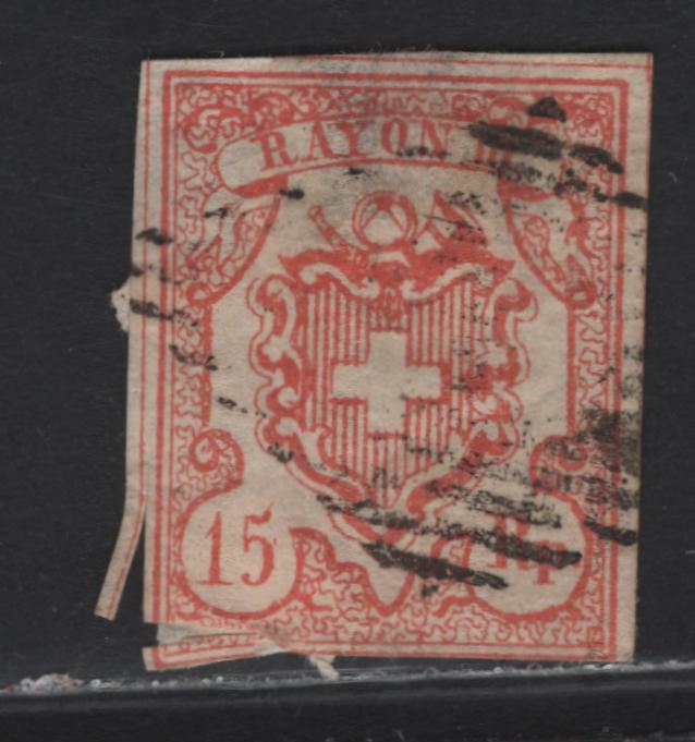 Lot 226 Switzerland SC#12 15r Vermillion Rayon District, 1852 Dayon IV District Issue, An Ungraded Used Single, Scissor Cut At LL And Severely Thinned At Top, Margins Are Full Otherwise