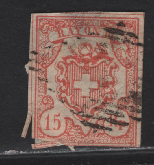 Lot 226 Switzerland SC#12 15r Vermillion Rayon District, 1852 Dayon IV District Issue, An Ungraded Used Single, Scissor Cut At LL And Severely Thinned At Top, Margins Are Full Otherwise