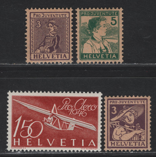 Lot 23 Switzerland SC#B2, B4, B7, C41 5c - 1.5fr Green on Buff - Henna Brown & Gray Semi Postal - Airmail, 1915-1946 Semi Postal & Airmail Issues, 4 VFOG Singles