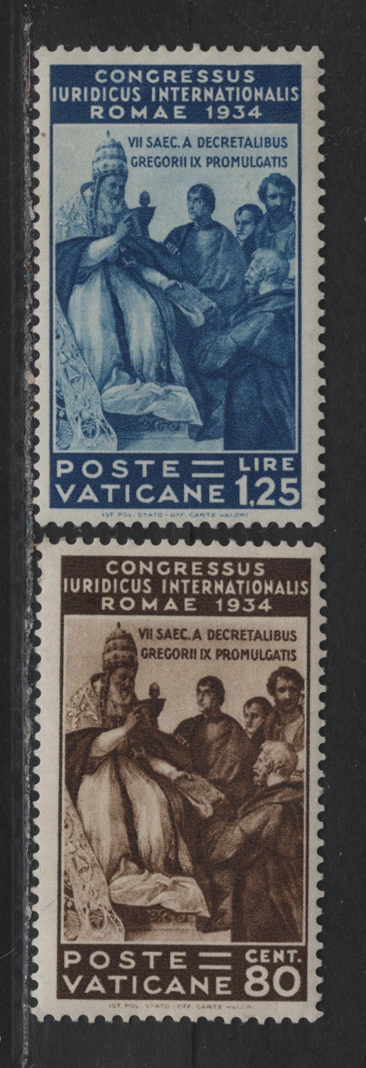 Lot 28 Vatican City SC#45-46 80c - 1.25l Dark Brown - Dark Blue Int'l Juridicial Congress, 1935 Int'l Juridicial Congress Issue, 2 VFOG Singles