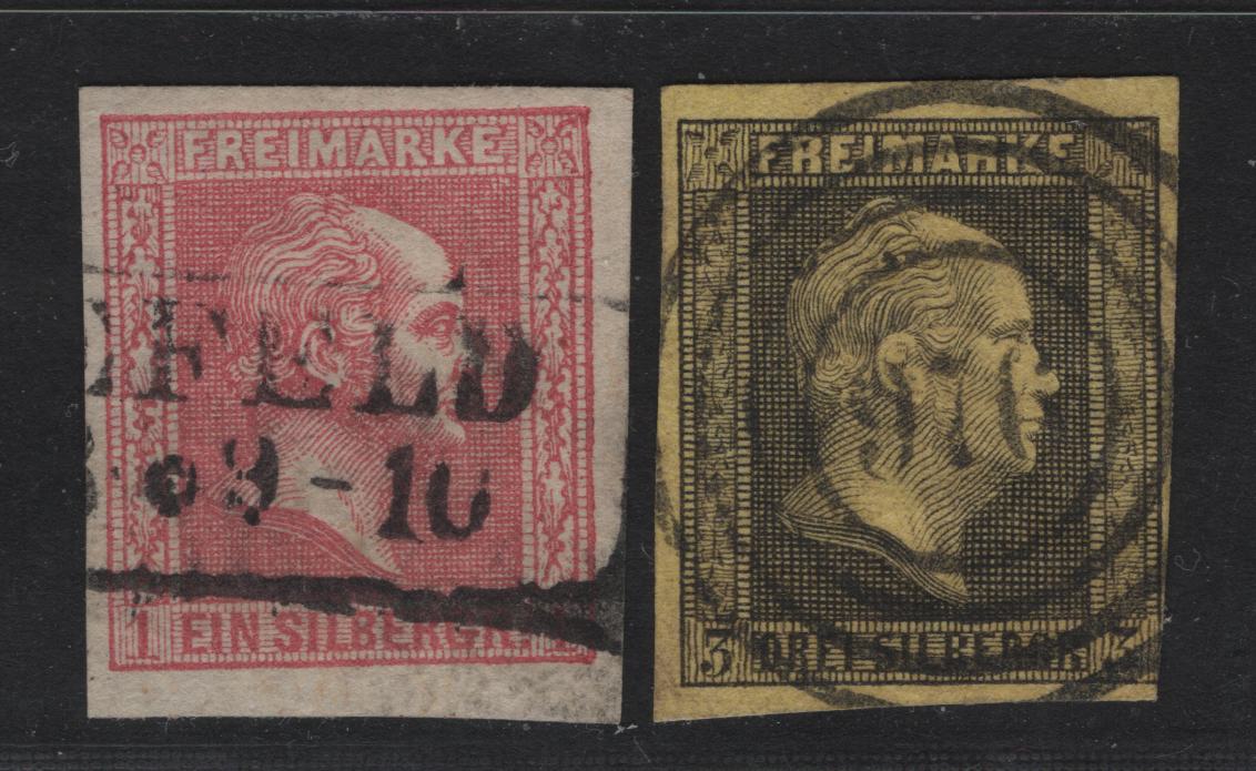 Lot 3 Germany - Prussia SC#5, 11 3sg - 1sg Black on Yellow - Rose King Frederick William IV, 1850-1860 King Frederick William IV Issue, 2 Fine/Very Fine Used Singles