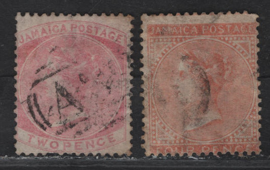 Lot 31 Jamaica (C) SG#2, 4a 2d - 4d Pale Rose - Pale Orange Queen Victoria, 1860 Queen Victoria Keyplate Issue, 2 Fair/Very Good Used Singles, Pineapple Wmk