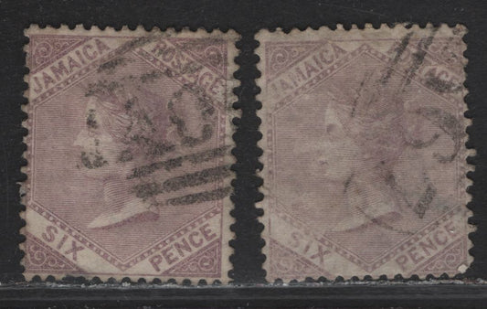 Lot 32 Jamaica (C) SG#5, 5a 6d Dull Lilac & Gray Purple Queen Victoria, 1860 Queen Victoria Keyplate Issue, 2 Very Good/Fine Used Singles, Pineapple Wmk, A67 Port Royal Cancel On Gray Purple Stamp, Small Thin On Lilac Stamp.