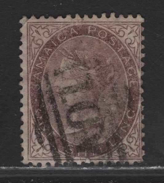 Lot 33 Jamaica (C) SG#6a 1/- Purple Brown Queen Victoria, 1860-1870 Queen Victoria Keyplate Issue, A Fine Used Single, Pineapple Wmk