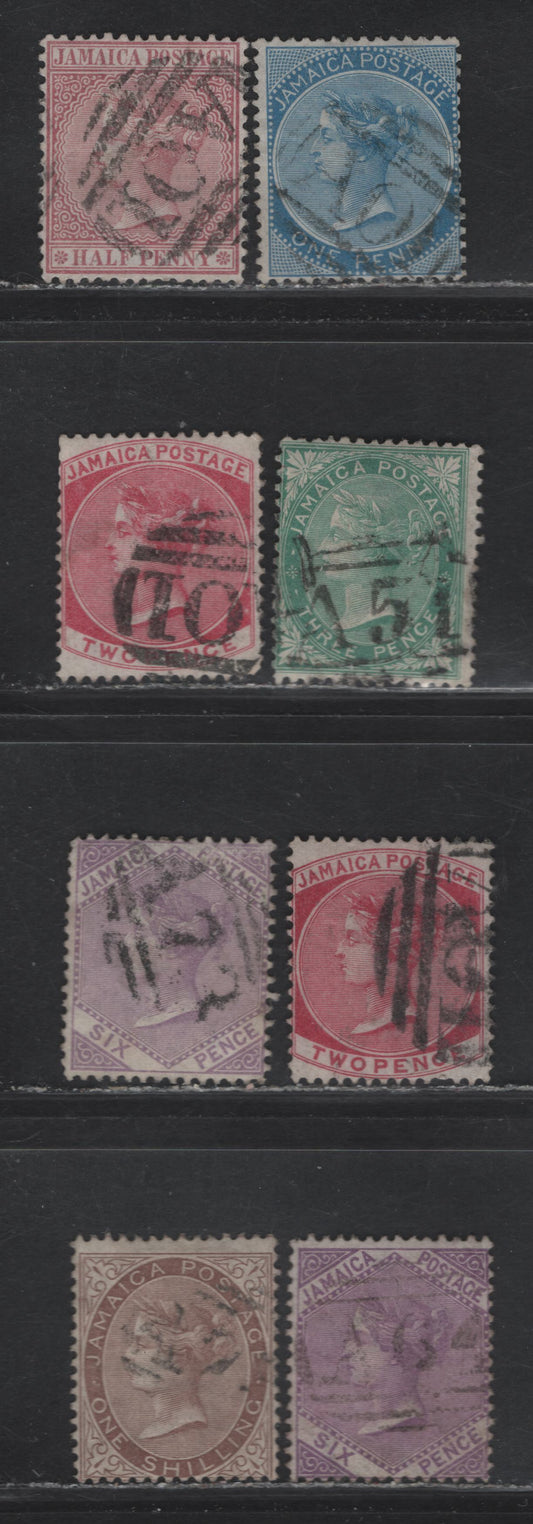 Lot 34 Jamaica (C) SG#7, 8a, 9-a, 10, 12-13 1/2d - 1/- Claret - Dull Brown Queen Victoria, 1870-1883 Queen Victoria Keyplates Issue, 8 Fine/Very Fine Used Singles, Crown CC Wmk