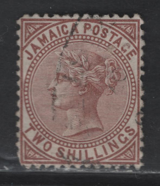 Lot 35 Jamaica (C) SG#14 2/- Venetian Red Queen Victoria, 1870-1883 Queen Victoria Keyplates Issue, A Fine Used Single, Crown CC Wmk, Perf 12.5, Small Internal Wrinkles In Center & At LL.