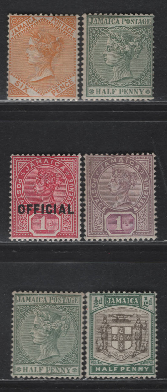 Lot 37 Jamaica (C) SG#O4, 27, 16a, 23a, 37 1d - 1/2d Rose - Gray & Dull Green Queen Victoria - Arms, 1883-1905 Queen Victoria - Arms Keyplates Issues, 6 F/VFOG Singles, Crown CA & Multiple Crown CA Wmks