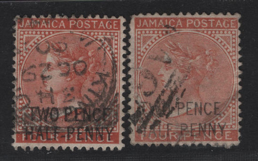 Lot 39 Jamaica (C) SG#30-a 2.5d on 4d Red Brown Queen Victoria, 1890-1891 Surcharge Issue, 2 Very Good/Fine Used Singles, Both Settings of Surcharge: 1mm & 1.5mm between Surcharge Lines