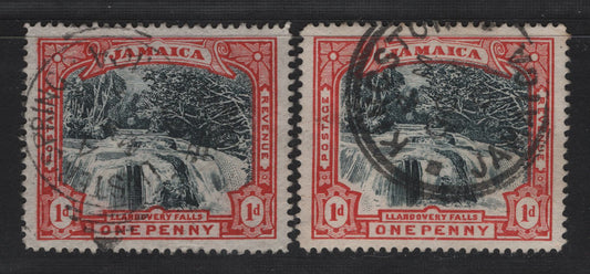 Lot 40 Jamaica (C) SG#32-a 1d Slate Black & Red Llandovery Falls, 1900 Llandovery Falls Issue, 2 Very Fine Used Singles, White & Blued Paper, Small Internal Wrinkle, Ulster Spring Cancel.