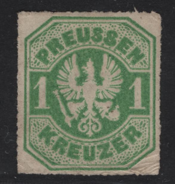 Lot 4 Germany - Prussia SC#23 1kr Green Arms, 1867 Rouletted Embossed Arms Issue, A Fine Unused Single, Small Wrinkles At Lower Corners