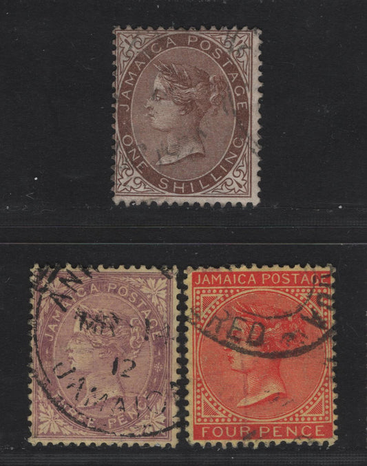 Lot 41 Jamaica (C) SG#47a, 50, 53 3d - 1/- Pale Purple - Brown Queen Victoria, 1905-1911 Queen Victoria Keyplates Issue, 3 Fine/Very Fine Used Singles, Multiple Crown CA Wmk