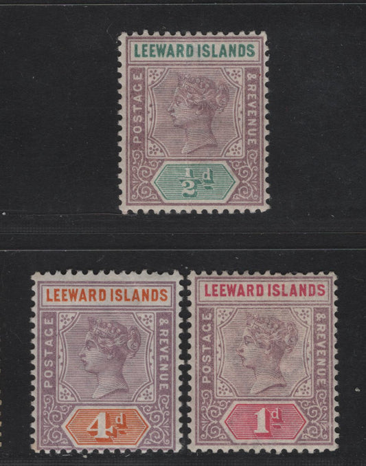 Lot 42 Leeward Islands (C) SG#1-2, 4 1/2d - 4d Dull Mauve & Green - Dull Mauve & Orange Queen Victoria, 1890 Queen Victoria Keyplates Issue, 3 Good/Very Good/Fine Used Singles