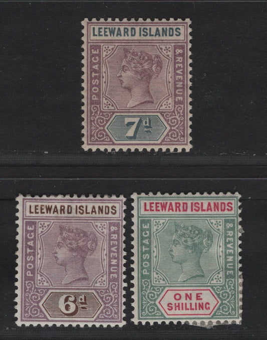 Lot 43 Leeward Islands (C) SG#5-7 6d - 1/- Dull Mauve & Brown - Green & Carmine Queen Victoria, 1890 Queen Victoria Keyplates Issue, 3 FOG Singles