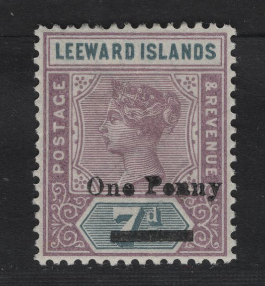 Lot 44 Leeward Islands SG#19 1d on 7d Dull Mauve & Slate Queen Victoria, 1902 Surcharged Queen Victoria Imperium Keyplates Issue, A VFNH Single