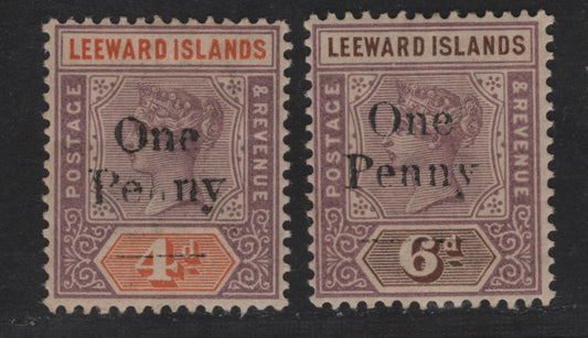 Lot 45 Leeward Islands (C) SG#17-18 1d on 4d & 1d on 6d Dull Mauve & Orange - Dull Mauve & Brown Queen Victoria, 1902 Surcharged Queen Victoria Imperium Keyplates Issue, 2 FOG Singles, Damaged 'E' In One And Nearly Missing N In Penny