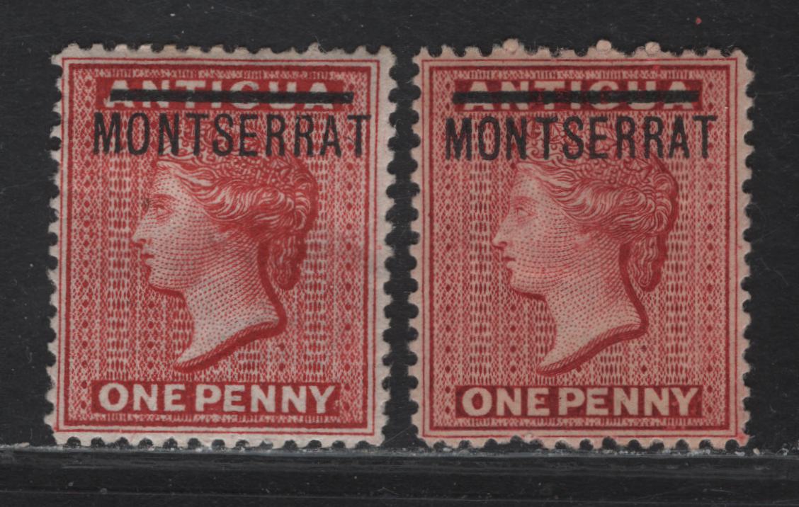 Lot 50 Montserrat (C) SG#1, 8c 1d Red & Rose Red Queen Victoria, 1876-1885 Overprinted Courbould Heads Issue, 2 VFOG Singles, Crown CC & CA Wmk