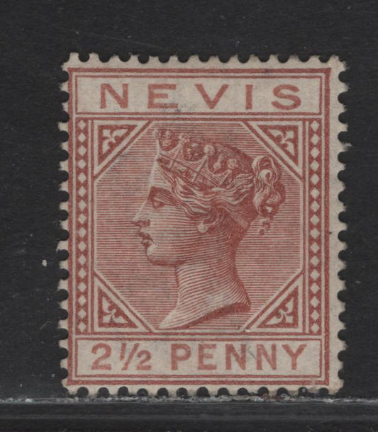 Lot 54 Nevis SG#28 2.5d on 4d Red Brown Queen Victoria, 1882-1890 Queen Victoria Keyplates Issue, A Fine Unused Single, Crown CA Wmk