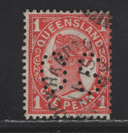 Lot 56 Australia - Queensland (C) SG#288var 1d Vermillion Queen Victoria, 1907-1911 Queen Victoria Issue, A Fine Used Single, Perf 13, Crown Over A Wmk, Unlisted Large OS Perfin.