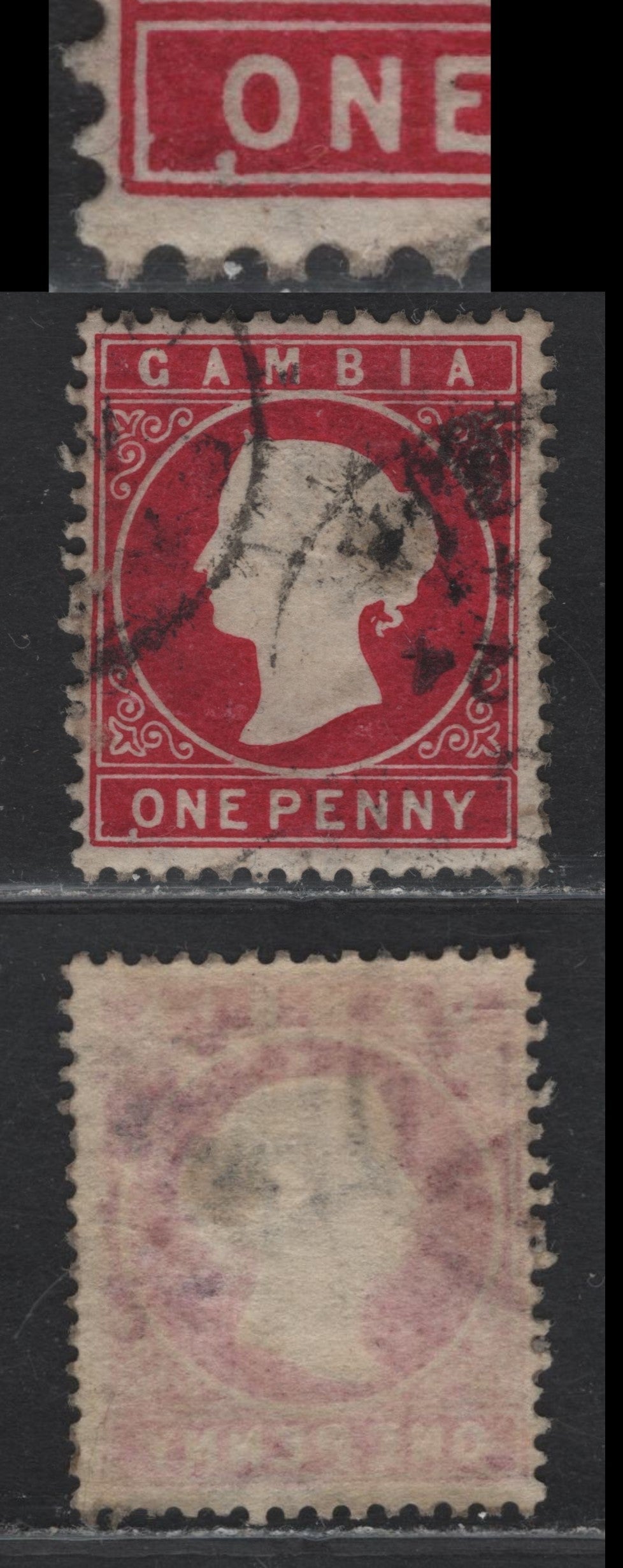 Lot 58 Gambia (C) SG#23a 1d Aniline Crimson Queen Victoria, 1886-1893 Queen Victoria Embossed Cameo Issue, A Fine Used Single, Showing Unlisted White Burr Below O of One, First Plate Flaw I Have Come Across On These Issue