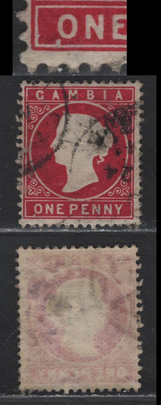 Lot 58 Gambia (C) SG#23a 1d Aniline Crimson Queen Victoria, 1886-1893 Queen Victoria Embossed Cameo Issue, A Fine Used Single, Showing Unlisted White Burr Below O of One, First Plate Flaw I Have Come Across On These Issue