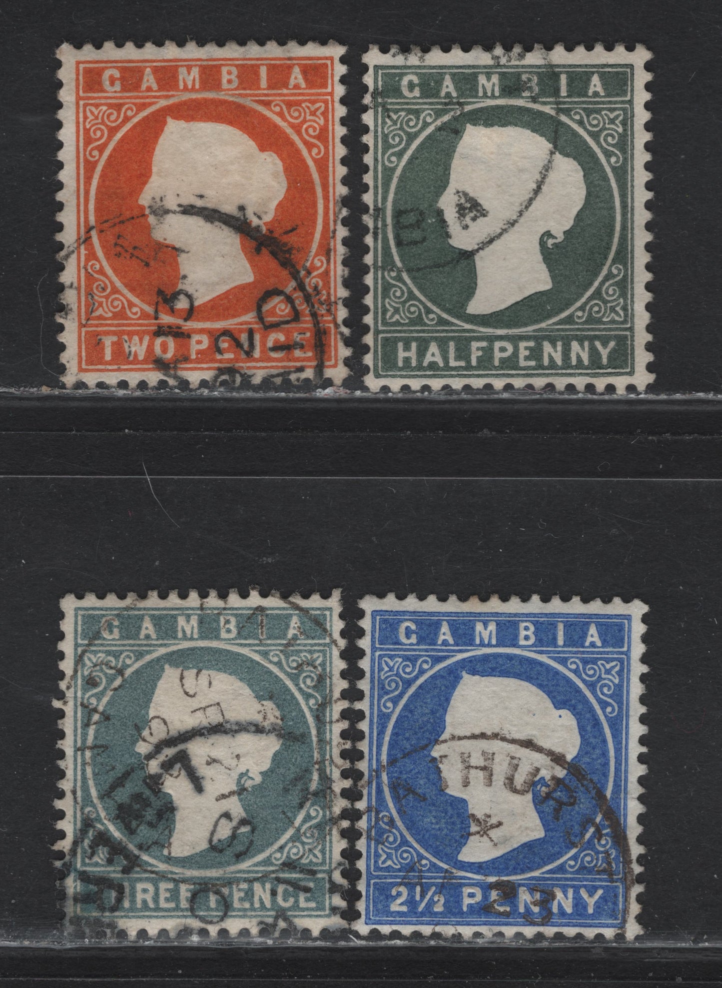 Lot 59 Gambia (C) SG#22, 25-26, 28 1/2d - 3d Gray-Green - Slate Gray Queen Victoria, 1886-1893 Queen Victoria Embossed Cameo Issue, 4 Fine/Very Fine Used Singles