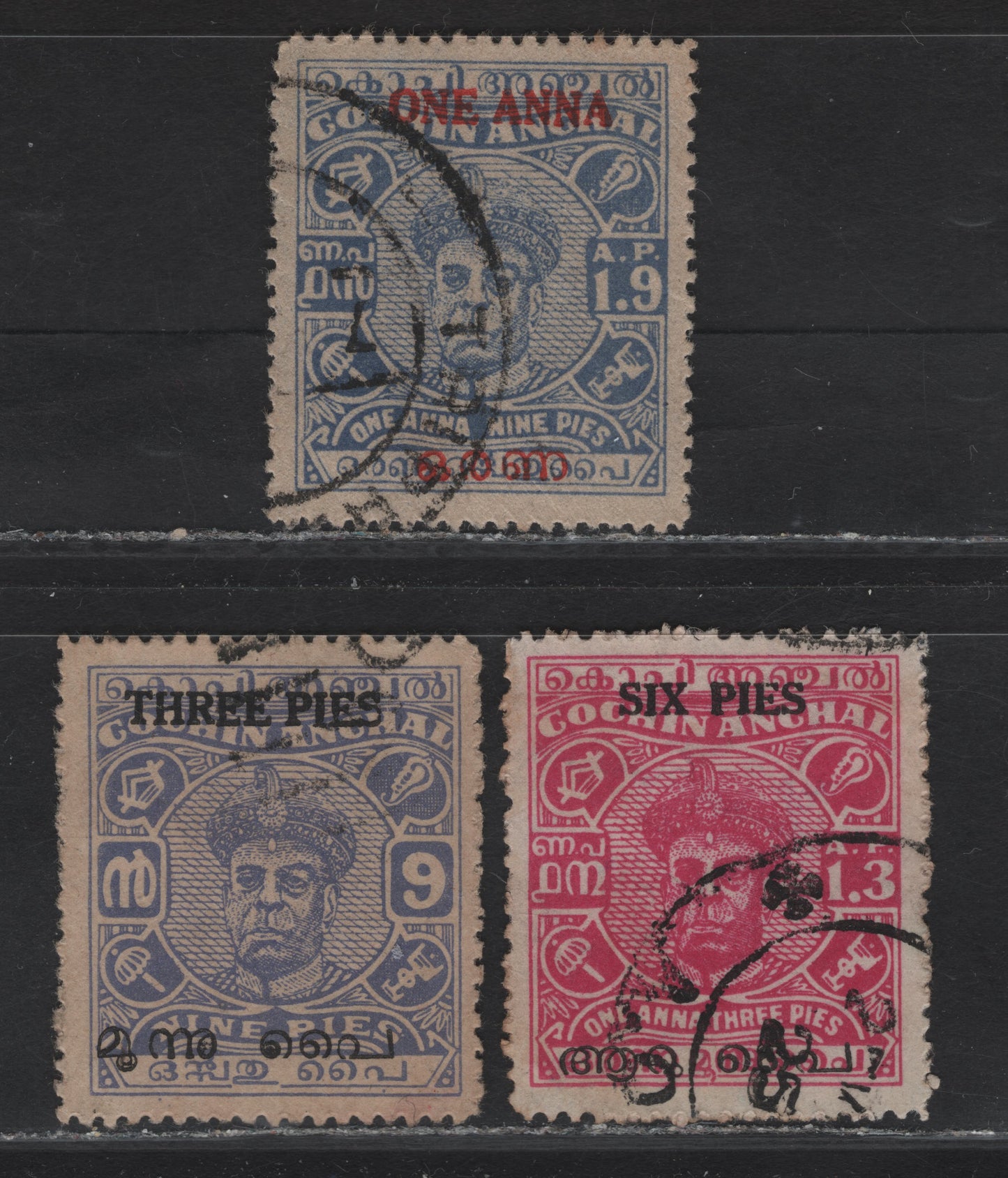Lot 63 India (C) SG#121-123 3p on 9p - 1a on 1a9p Ultramarine Maharaja Ravi Varma, 1949 Surcharged Maharaja Ravi Varma, 3 Very Fine Used Singles