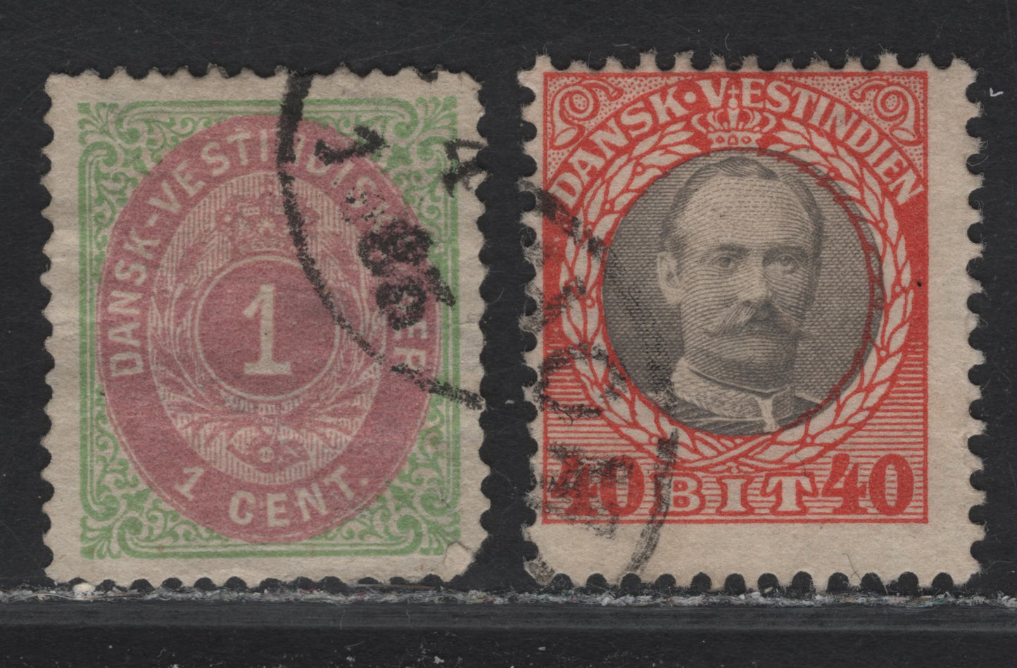 Lot 65 Danish West Indies (C) SC#5b, 49 1c - 40b Green & Red Violet - Vermillion & Gray Numeral - Frederik VIII, 1874-1908 Numeral - Frederik VIII Issues, 2 Very Good/Fine Used Singles, Small Thin On 5b & Short Perfs