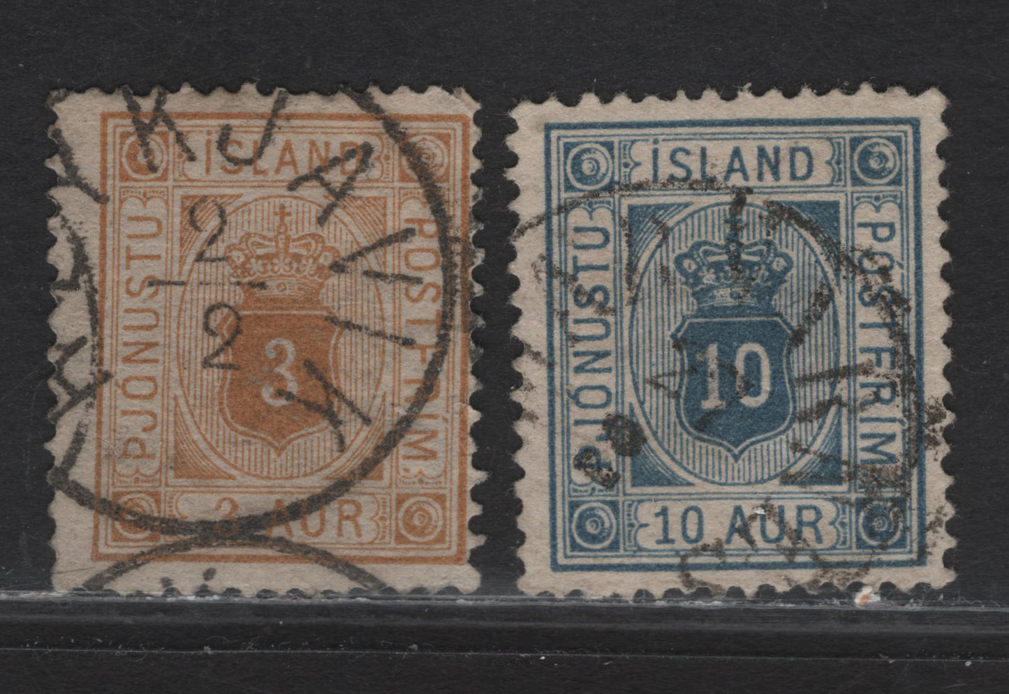 Lot 68 Iceland (C) SC#O4, O6 3a - 10c Yellow Brown - Blue Arms - Pictorial, 1876-1895 Arms Official Issue, 2 Very Good Used Singles, Perf 14x13.5, Deep Thin on 10c