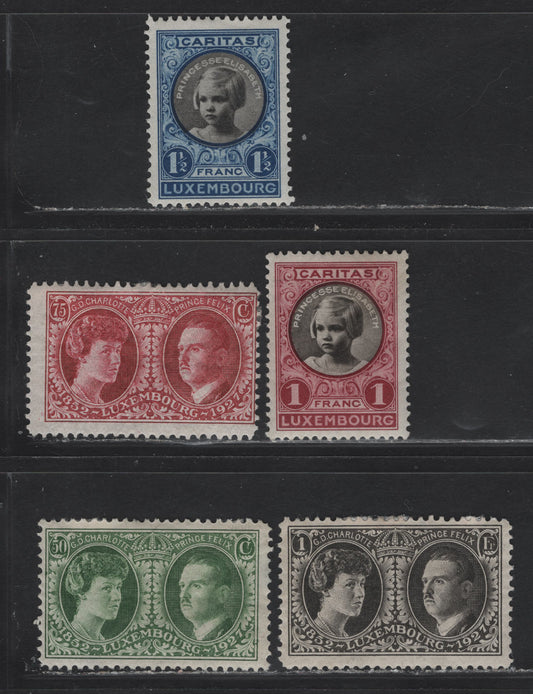Lot 74 Luxembourg (C) SC#B21-B23, B28-B29 50c - 1.5fr+50c Green - Ultramarine & Black Princess Elizabeth - Charlotte & Prince Felix, 1927 Semi Postal Issues, 5 F/VFOG Singles