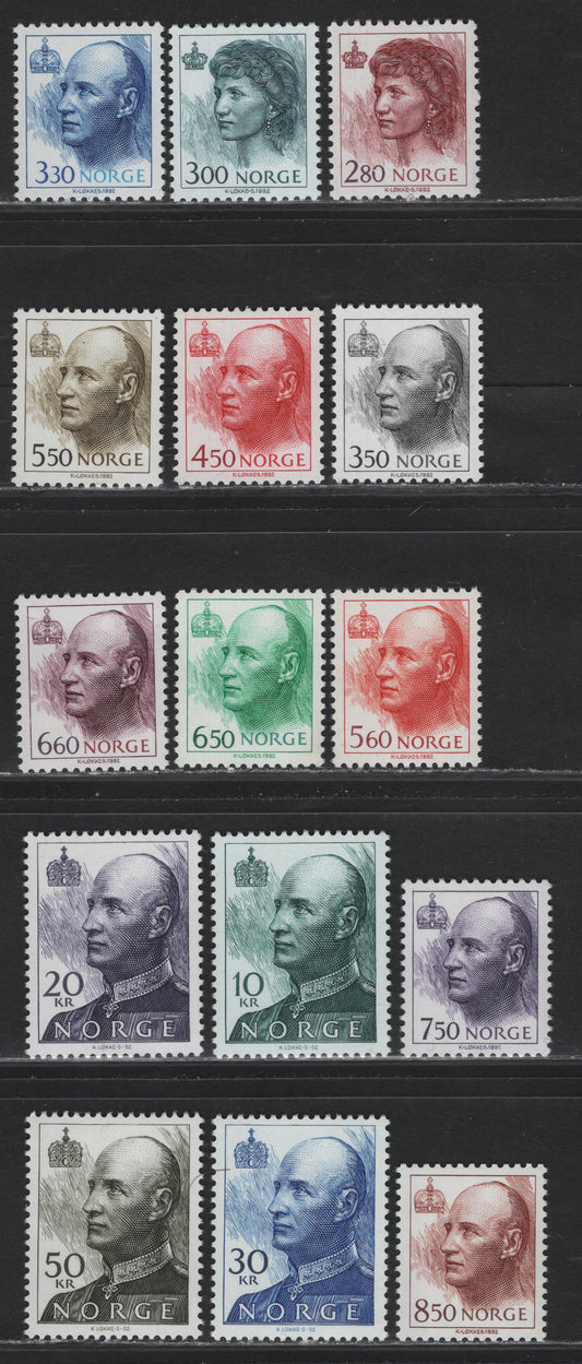 Lot 75 Norway (C) SC#1004-1020 2.8k - 50k Claret Brown - Olive Black Queen Sonja - King Harold, 1992-2002 Queen Sonja - King Harold Definitive Issue, 15 VFNH Singles