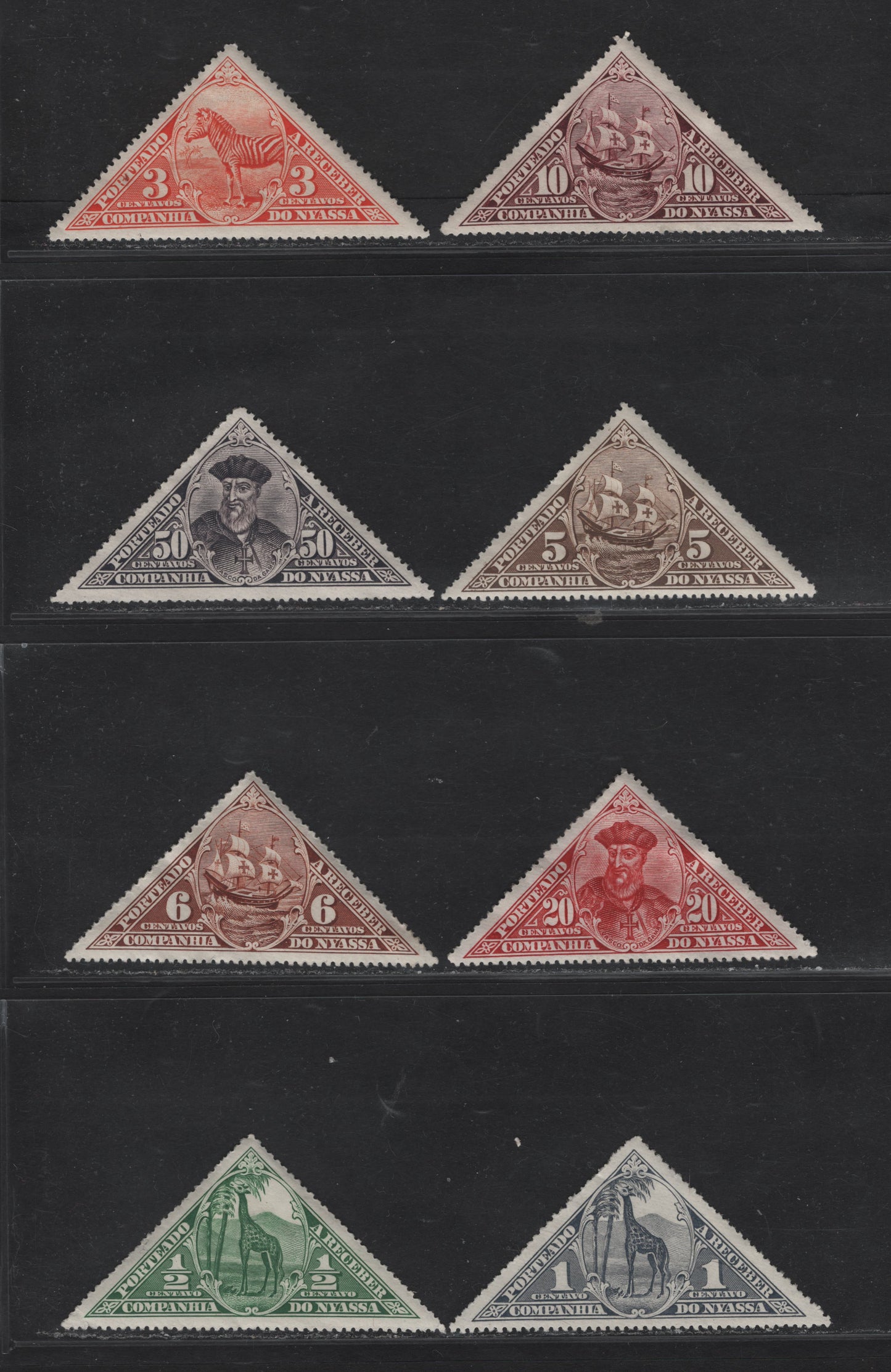 Lot 76 Nyassa (C) SC#J1-J2, J4-J9 1/2c - 50c Deep Green - LilacGray Giraffe - Ship, 1924 Postage Dues, 8 F/VFOG/NH Singles, The 1/2c, 5c & 10c Are NH, 1/2c Has A Creased Left Corner