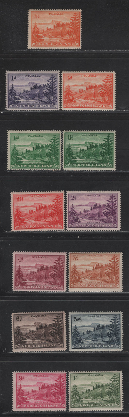 Lot 80 Norfolk Island (C) SG#1-9 1/2d - 1/- Yellow & Red Orange - Gray Green Ball Bay, 1947 Ball Bay Definitive Issue, 12 F/VFOG/NH Singles, Cream Paper, Most Are NH, Includes 2 Shades Of 1/2d & 1.5d.