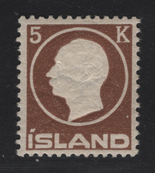 Lot 8 Iceland SC#98 5k Brown Frederik VIII, 1912 Embossed Frederik VIII Issue, A VFOG Single