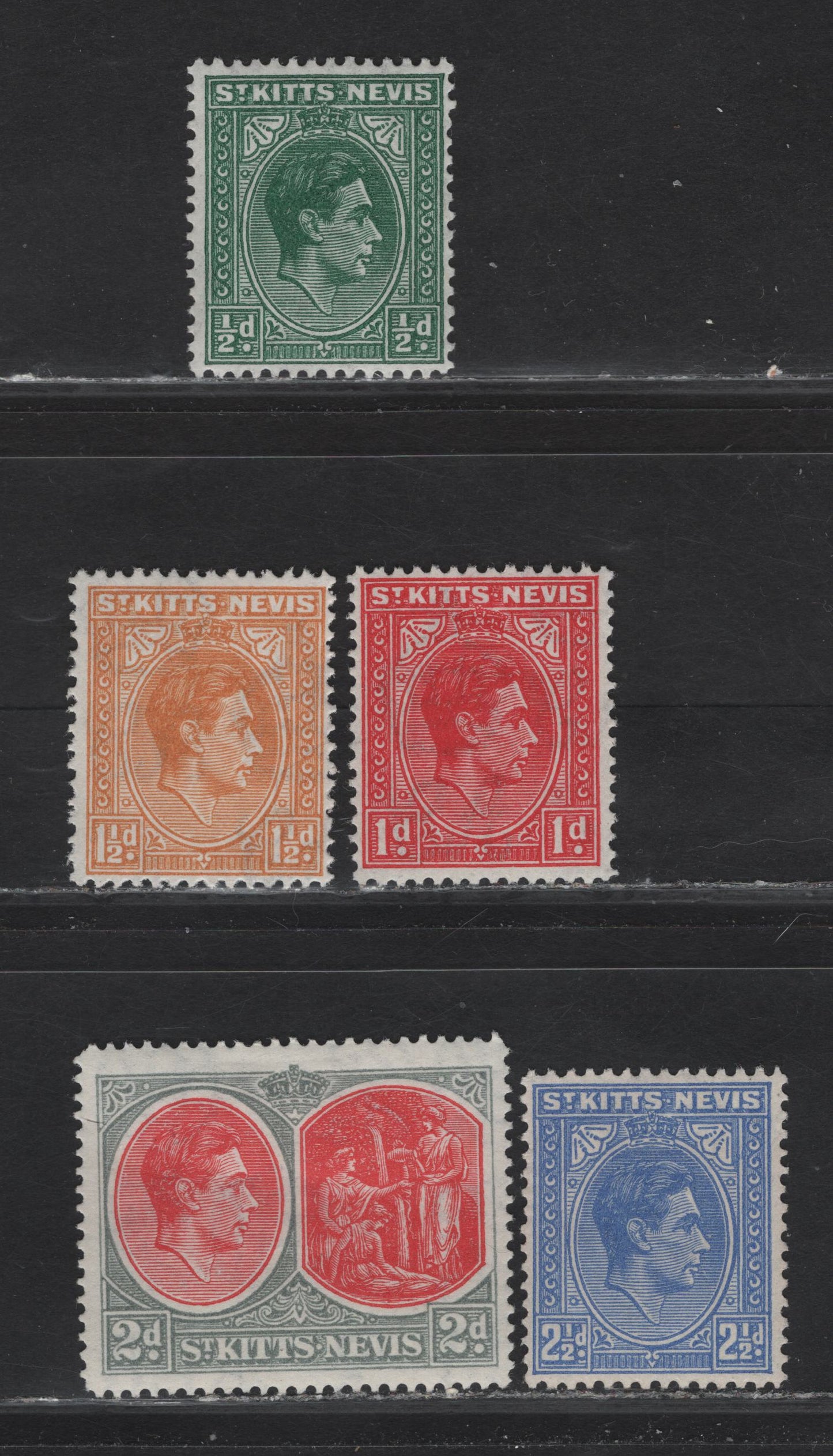 Lot 83 St Kitts & Nevis (C) SG#68, 69a, 70, 72a, 71b 1/2d - 2.5d Green - Bright Ultramarine King George VI, 1938-1950 KGVI Keyplates Issue, 5 F/VFOG Singles, 1943 Printings Including 1d Carmine & 2d Scarlet & Pale Gray