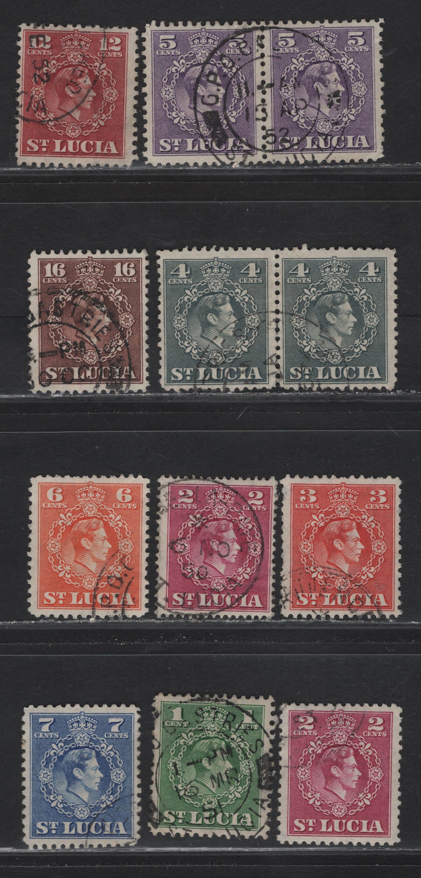Lot 89 St Lucia (C) SG#146, 147-a, 148, 154 1c - 12c Green - Claret King George V, 1949-1950 KGVI Portraits Issue, 10 Fine/Very Fine Used Singles & Pair, Perf 14.5x14