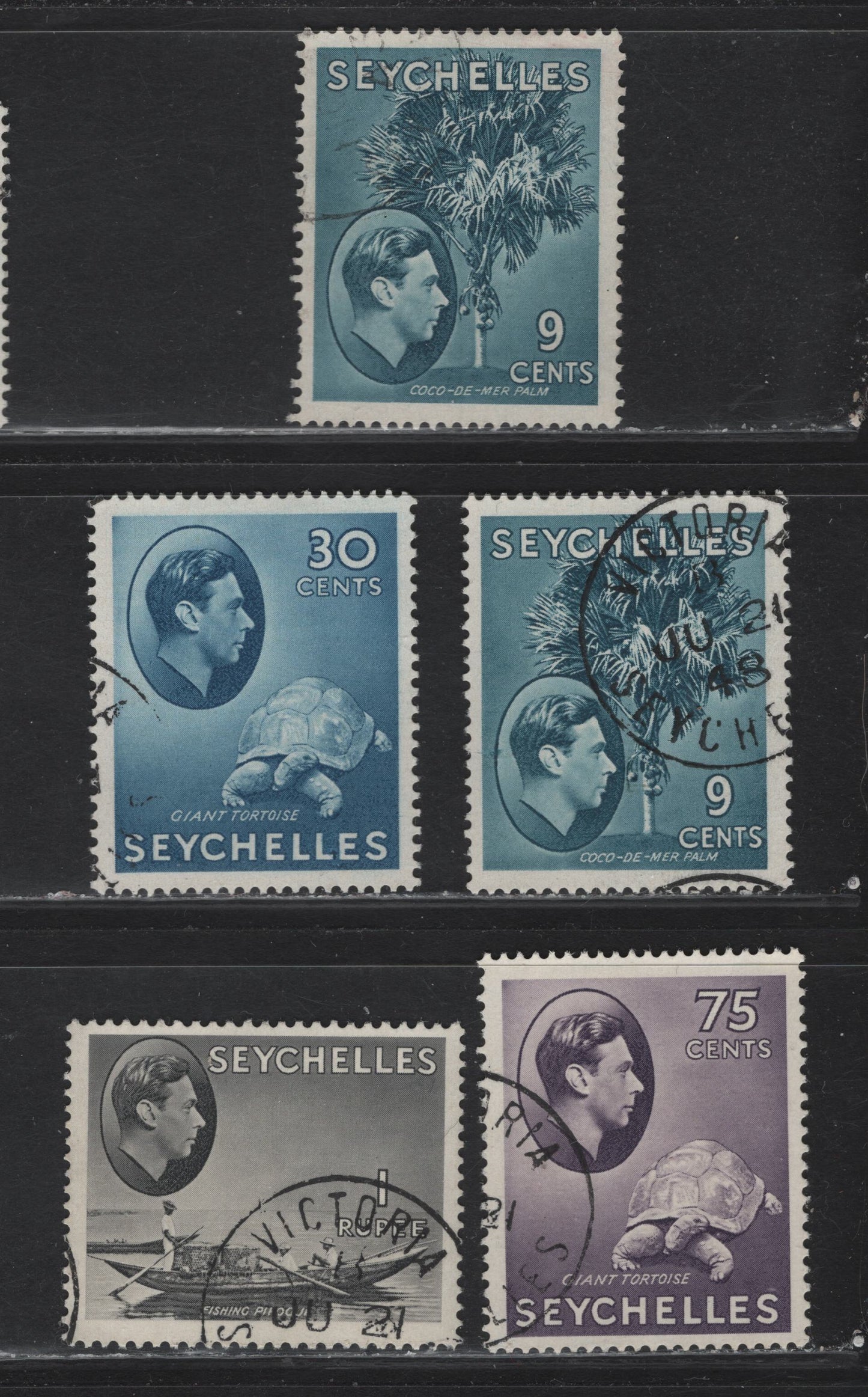 Lot 92 Seychelles (C) SG#138a, 142a, 146a, 145a 9c - 1r Gray Blue - Gray Black King George VI, 1938-1949 KGVI Photogravure Pictorial Issue, 5 Fine/Very Fine Used Singles, Chalky Paper