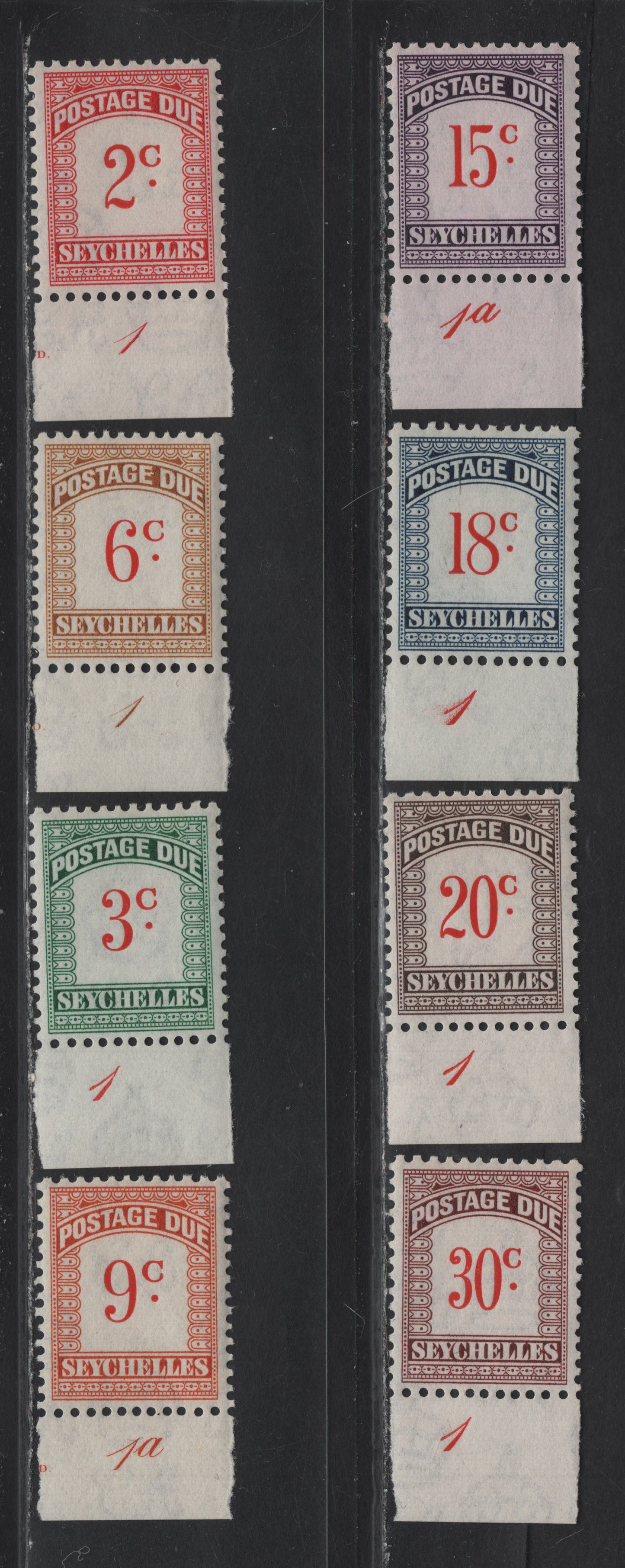 Lot 93 Seychelles (C) SG#D1-D8 2c - 30c Scarlet & Carmine - Scarlet & Claret Numerals, 1951 Postage Dues, 8 VFNH Singles, Script CA Wmk, Plate 1 & 1a Tabs