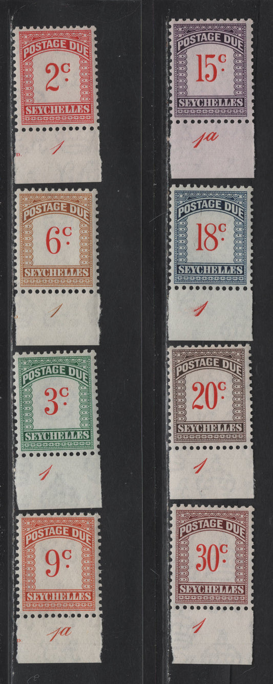 Lot 93 Seychelles (C) SG#D1-D8 2c - 30c Scarlet & Carmine - Scarlet & Claret Numerals, 1951 Postage Dues, 8 VFNH Singles, Script CA Wmk, Plate 1 & 1a Tabs